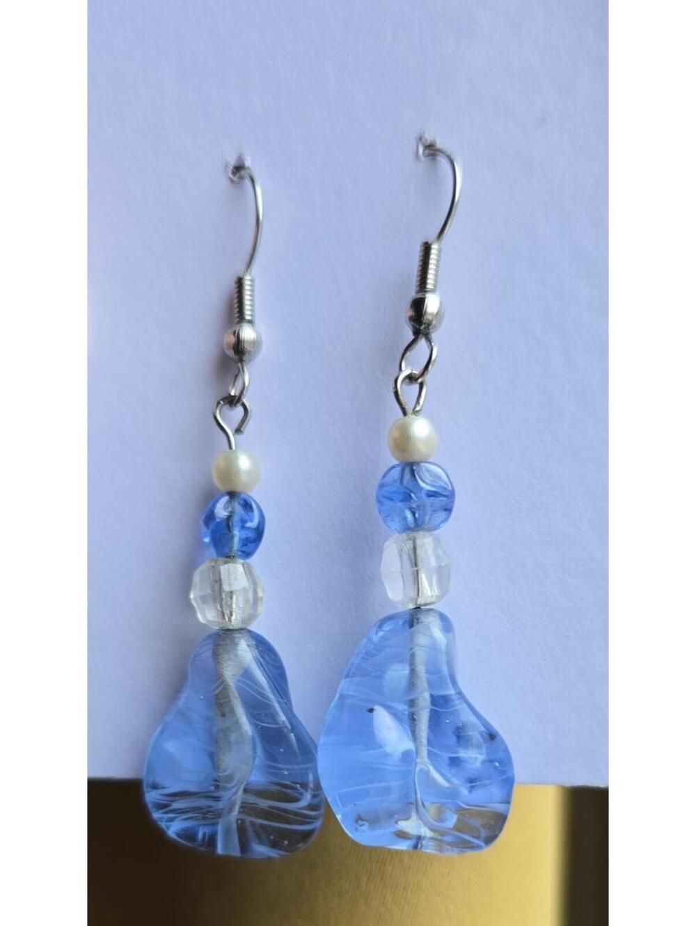 Vintage Icey Blue Glass Bead Dangle Earrings with Faux Pearl